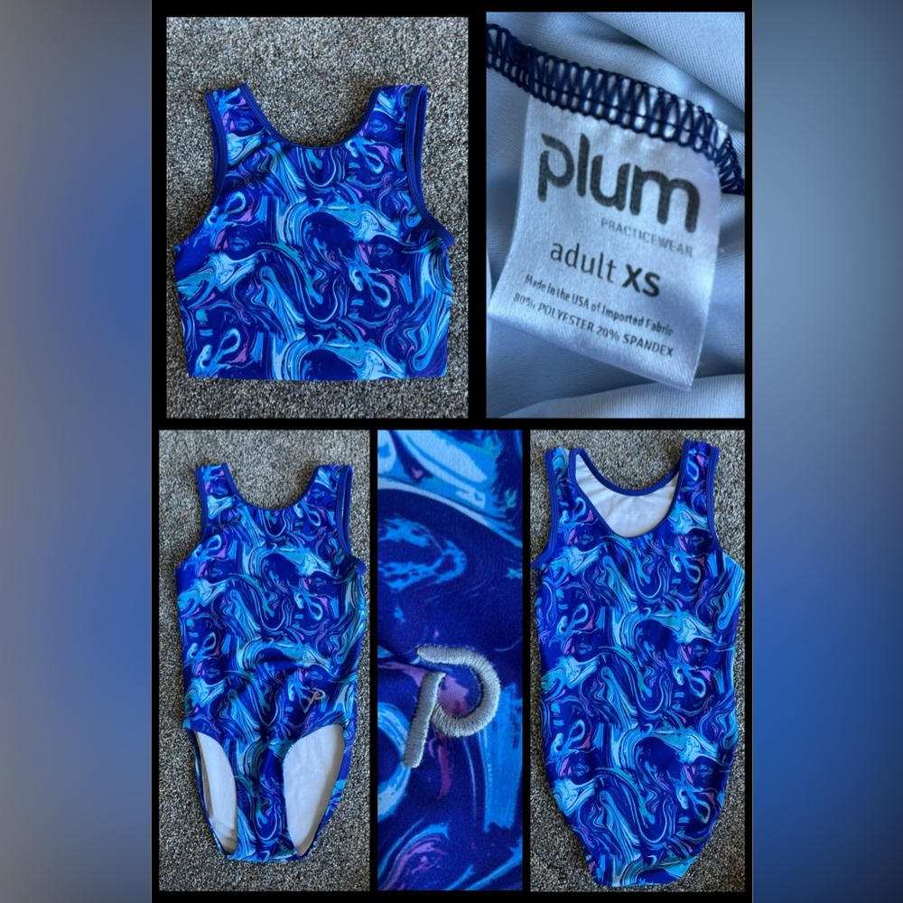 New Plum Blue Swirls Blindside Traditional Leotard + Hair-Tie (AXS Jr Size)